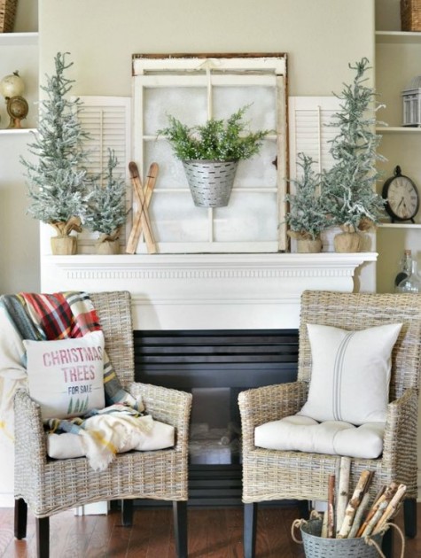 snowy evergreen trees, skis and greenery in a bucket