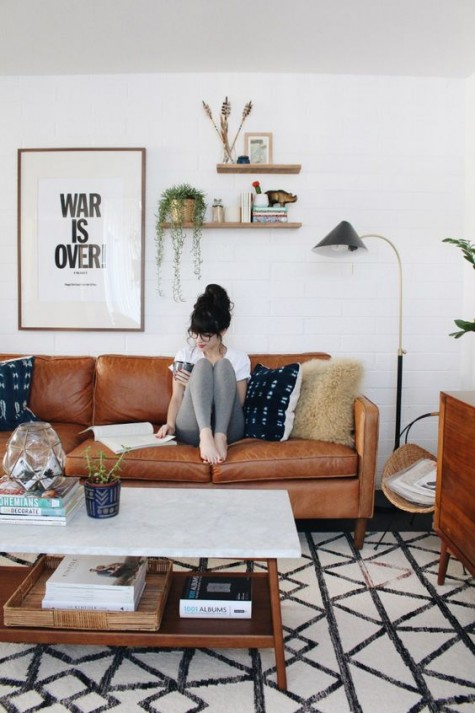 a comfy brown leather sofa is a classic choice