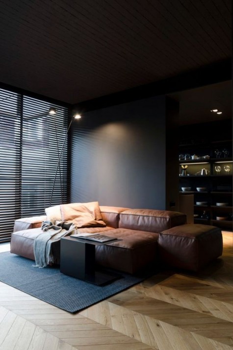 a modern brown leather sofa for a masculine room