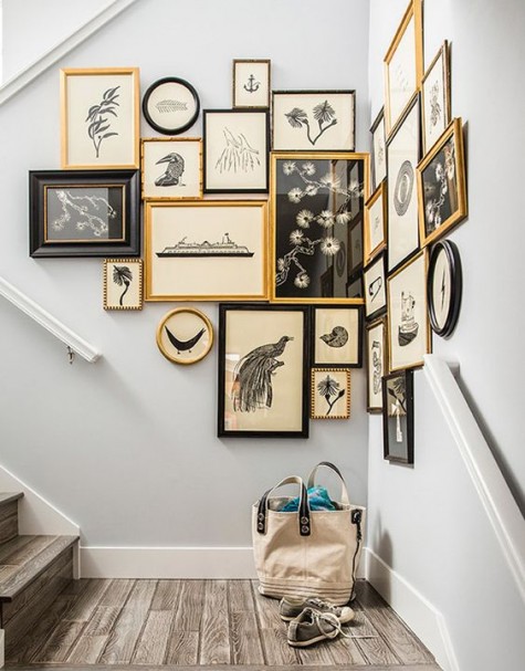 an awkward staircase nook with a gallery wall