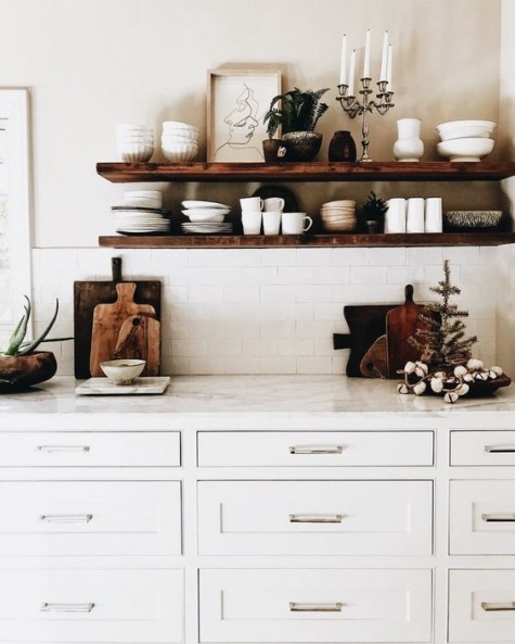 dark-stained kitchen floating shelves