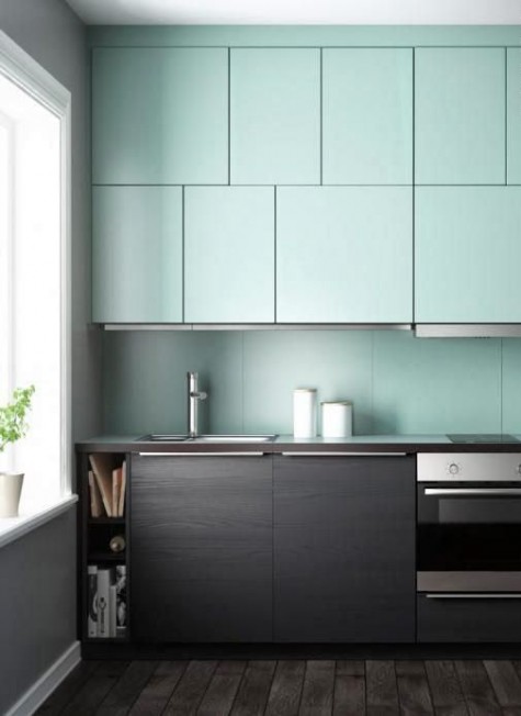dark wood and mint cabinets and a matching mint backsplash for an ultra-modern look
