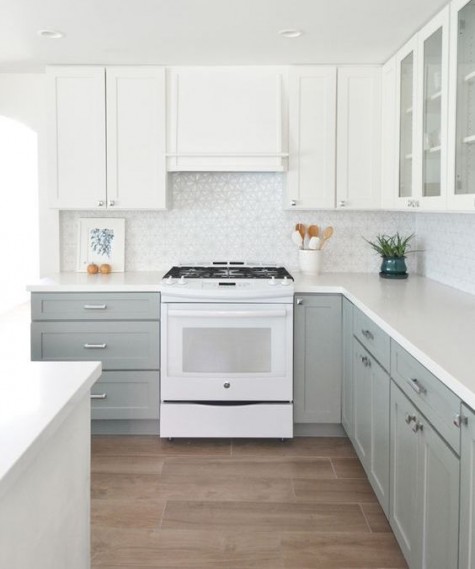 dove grey and white cabinets plus a mosaic tile backsplash