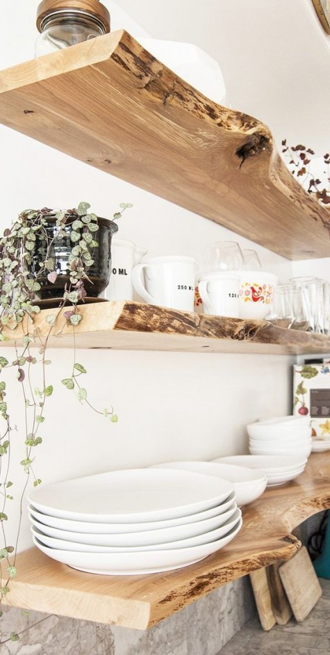 floating kitchen shelves with a live edge for a natural feel