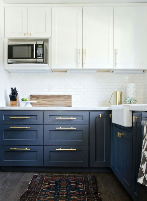 navy and white is always a timeless solution, and brass handles add chic