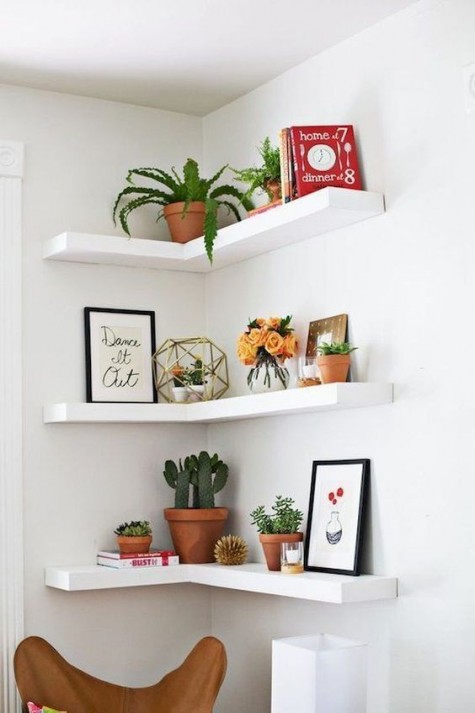 open shelving in the corner is a great idea for storage and displays