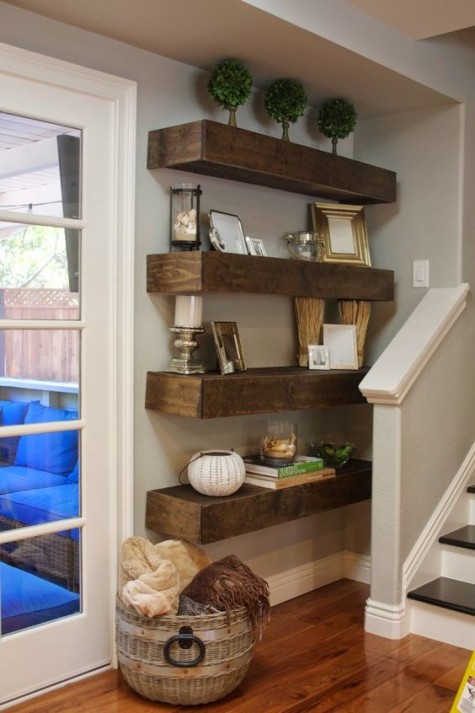 super thick stained wooden shelves make a bold statement