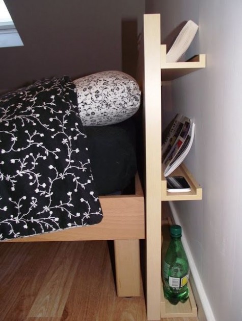 Ribba ledges attached to the headboard for storage