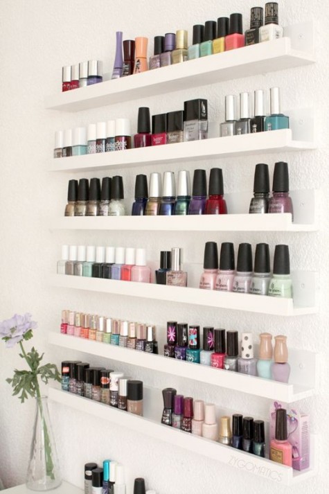 display your nail polishes on IKEA Ribba ledges