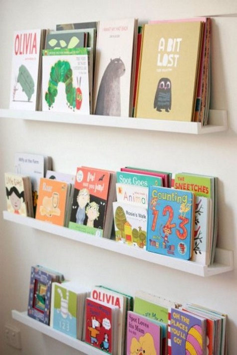 kids_ reading nook with books on IKEA Ribba ledges