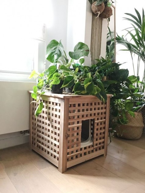 IKEA Hol hack to hide a litter box and as a plant stand