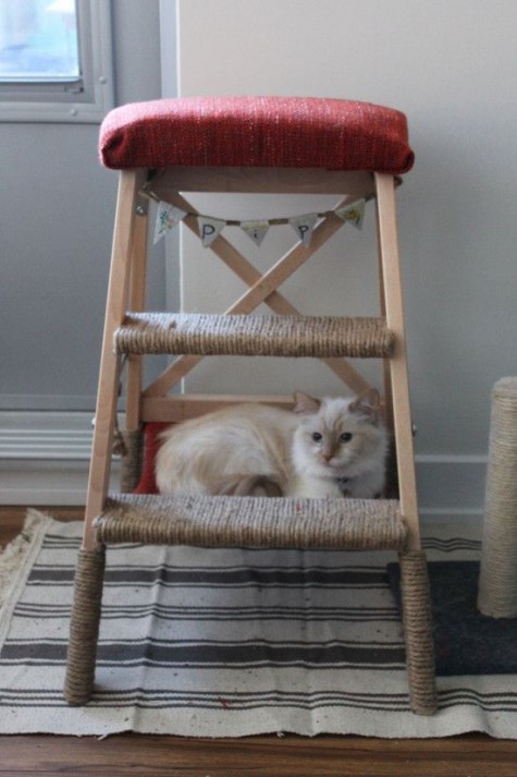 a Bekvam ladder turned into a comfy cat tree with a hammock