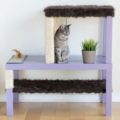 a comfy colorful IKEA condo with faux fur and scratchers of IKEA Lack