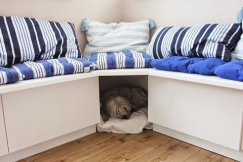 IKEA banquette seat turned with a dog bed incorporated