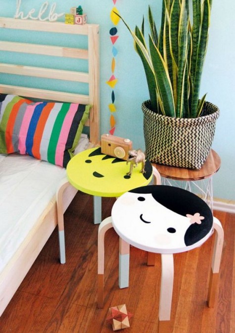 colorful painted IKEA Frosta stools for a kids_ room