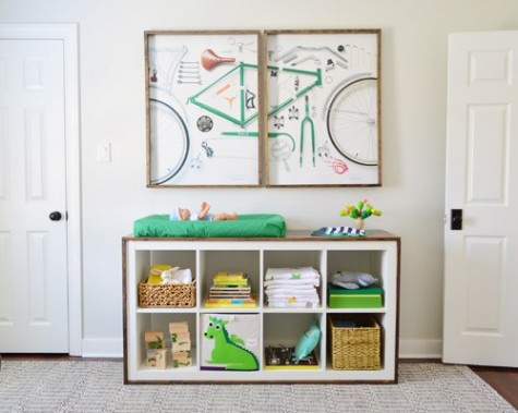 IKEA Kallax shelf wrapped with stained wood and turned into a stylish changing table