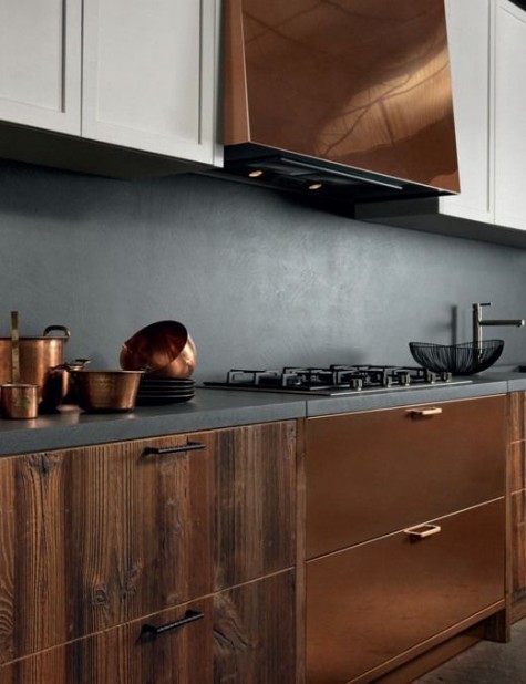 a bold kitchen with white and rich wood cabinets, copper touches and a concrete backsplash and countertops