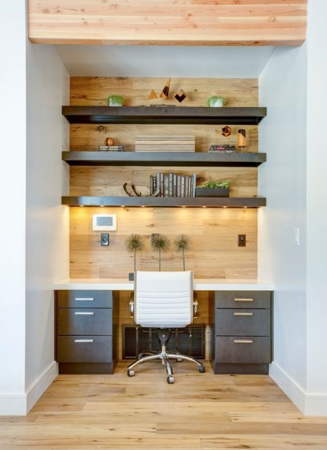 a built-in home office with a desk and shelves, nothing else is needed