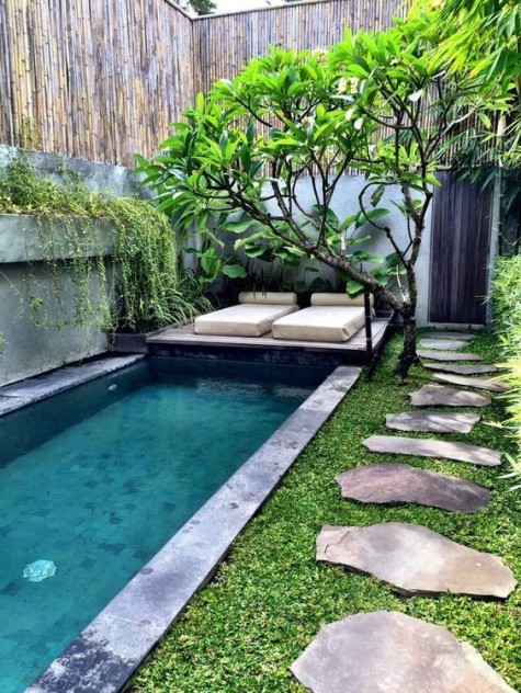 a chic natural-looking garden with a narrow pool and a raw edge stone path