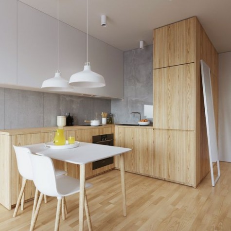 a clean minimalist kitchen feels cozy and fresh, and wood makes it more inviting