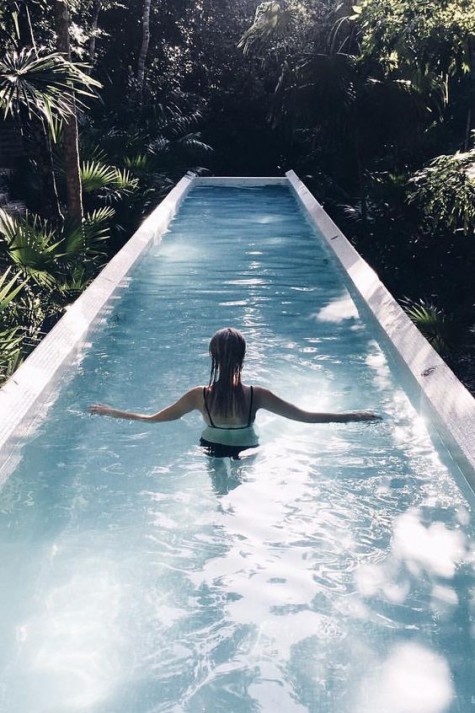 a long narrow pool with a bold modern look in a tropical garden