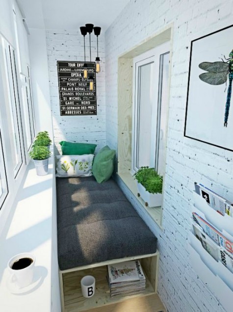 a tiny balcony with a built-in bench with storage