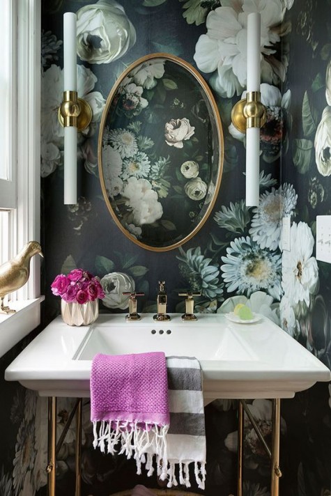 moody realistic floral wallpaper will make your mudroom special