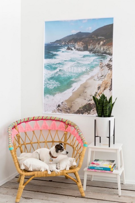 IKEA Rattan chair hacked with colorful yarn for a boho feel