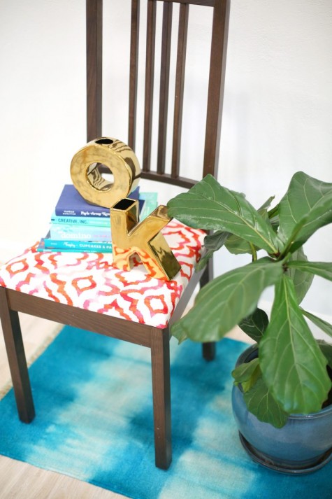 IKEA kitchen chairs reupholstered with printed fabric