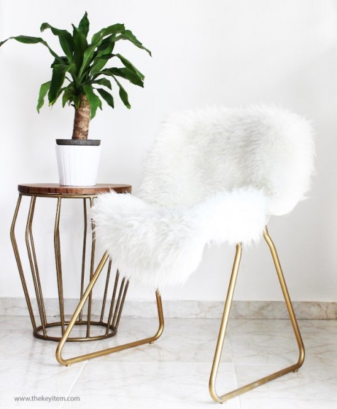 Snille chair hack with gold spray paint and faux fur