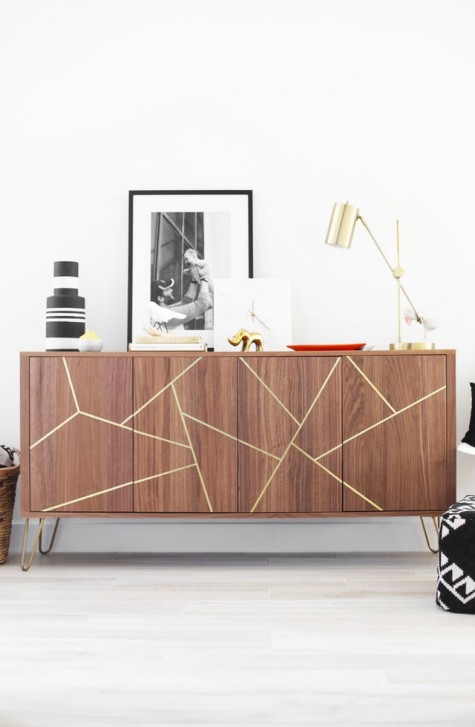 Stockholm sideboard with gold hairpin legs and a geometric design with gold foil tape