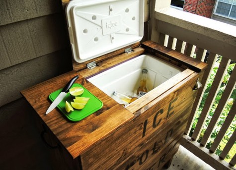 a stylish drink cooler chest made of a stained and stenciled IKEA Tarva dresser