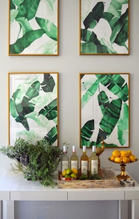 banana leaf printed artworks in frames for adding tropical cheer to the space