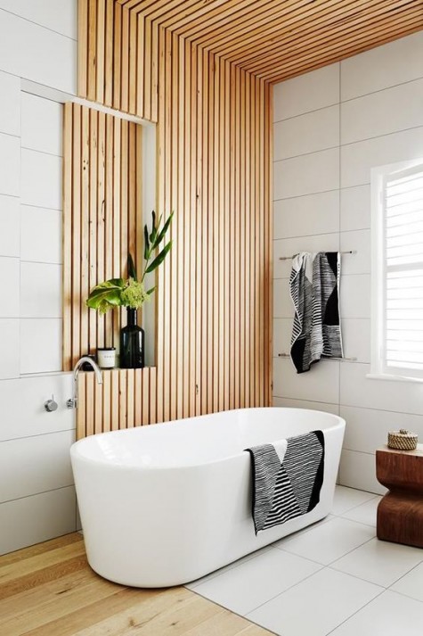 cover a part of the wall and ceiling with wooden planks for a spa feel