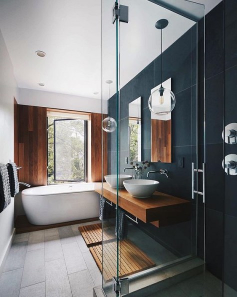 cover the wall with wood panels, add wooden mats and a floating sink of the same wood