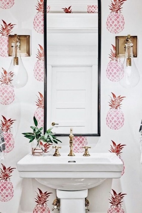 fun pink pineapple wallpaper will give your bathroom a tropical feel
