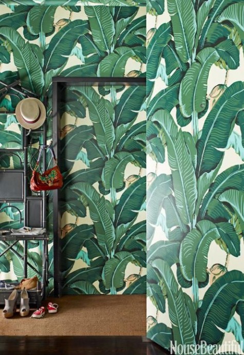 the whole entryway covered with banana leaf wallpaper for a bright tropical feel