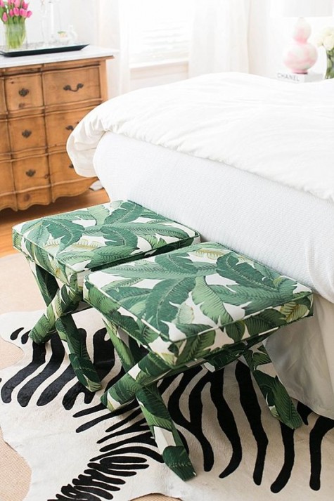 tropical leaf fabric upholstered stools for a bright bedroom