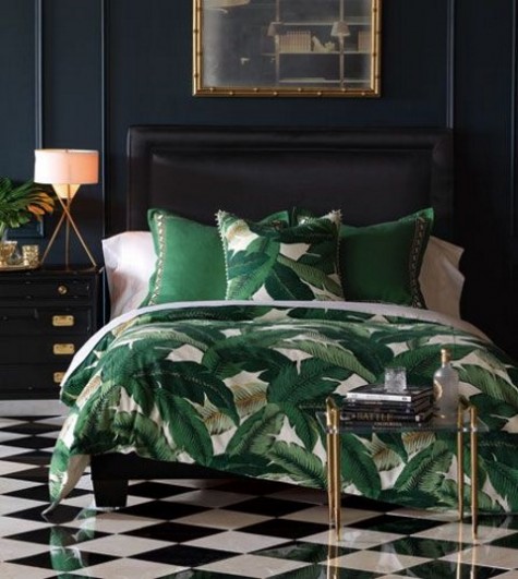 tropical leaf printed bedding for a summer bedroom