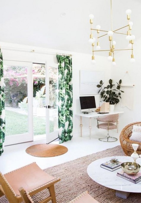 tropical leaf printed curtains for a tropical feel in the space