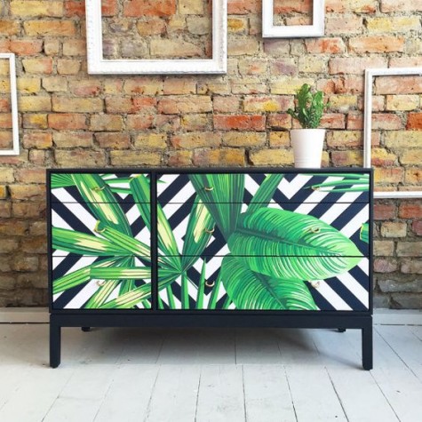 upcycled vintage retro chest of drawers with tropical palms decoupage