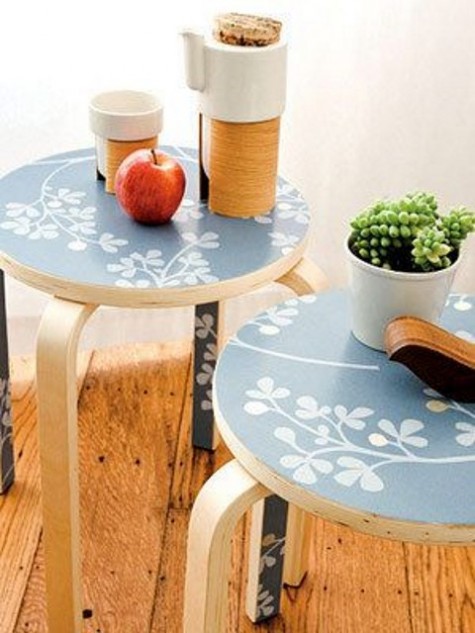 wallpaper covered Marius stools can become nice side tables