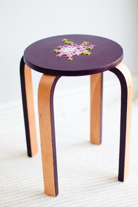 IKEA Frosta hack in purple with embroidery to use as a side table