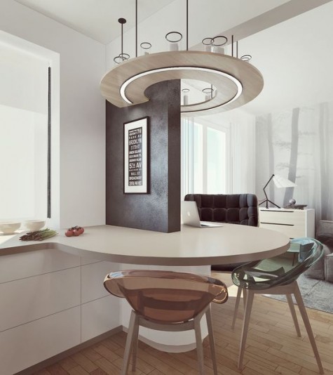 a circular floating breakfast bar that can be used for work, too