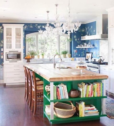 a large emerald kitchen island with a light-colored butcher block top