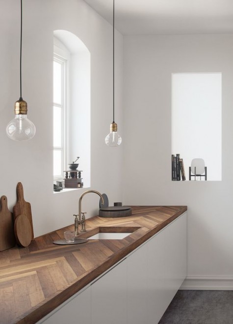 sleke white cabinets and a chevron clad butcher block countertop