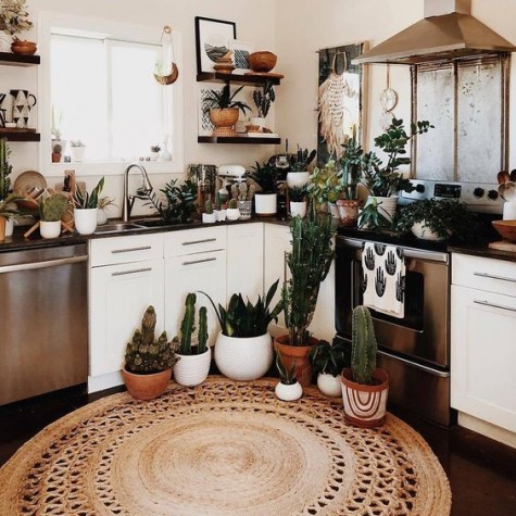 pull off a boho look with potted plants and succulents, a jute rug and some wicker touches